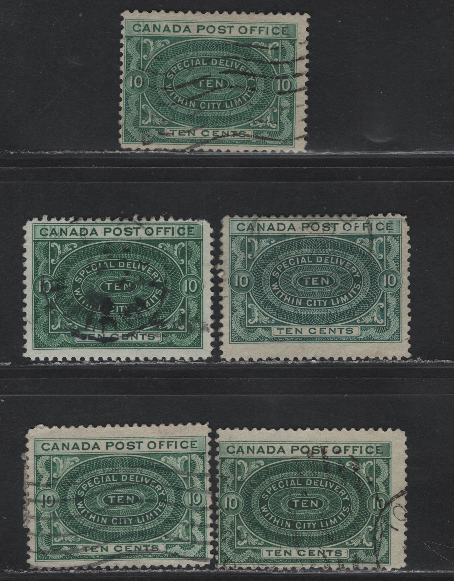 Lot 215 Canada #E1, E1a, E1b, E1ii, E1iv 10c Blue Green - Deep Blue Green Special Delivery, 1898 Special Delivery Issue, 5 Fine Used Singles, All Listed Paper & Shade Varieties, Including The No Shading In Value Tablet