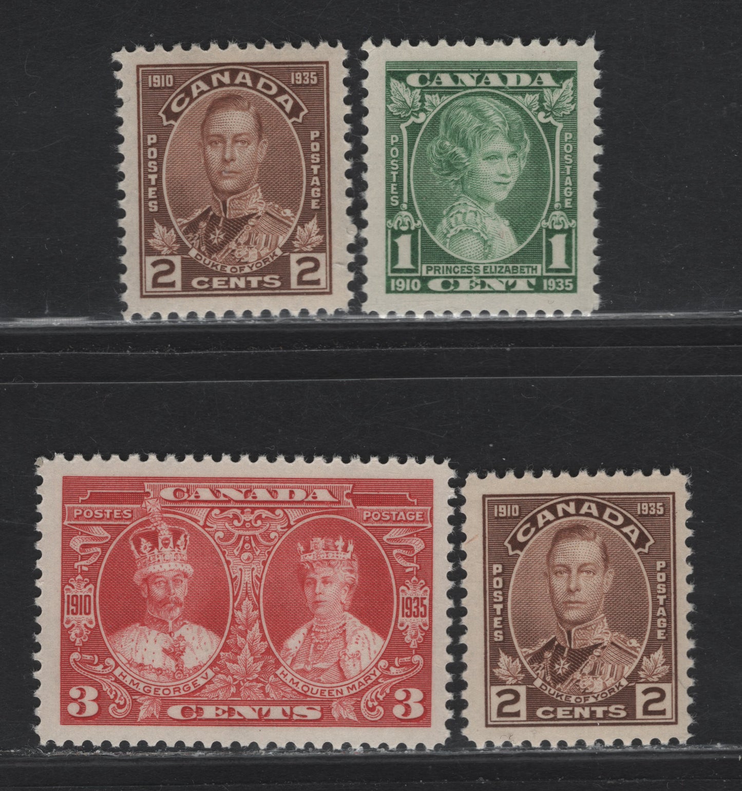 Lot 218 Canada #211-213 1c - 3c Green - Carmine Princess Elizabeth - KGV & Queen Mary, 1935 Silver Jubilee Issue, 4 VFNH Singles, Different Perfs, Papers & Gums