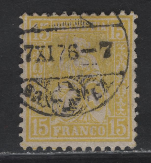 Lot 22 Switzerland SC#54 15c Lemon Seated Helvetia, 1867-1878 Seated Helvetia Issue, A Fine Used Single, Cancel Is Dated June 7 1876, Which is Within Period Of Usuage