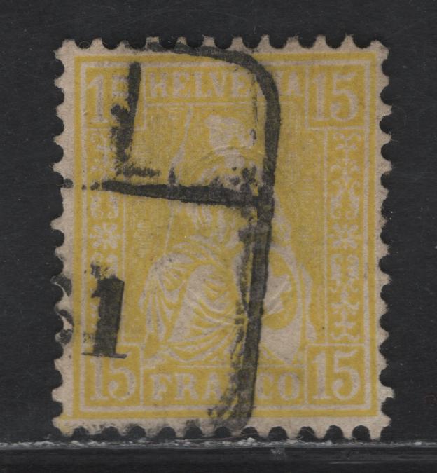 Lot 23 Switzerland SC#54 15c Lemon Seated Helvetia, 1867-1878 Seated Helvetia Issue, A Fine Used Single, Cancel Appears To Be Type I (LxUI) Railway Cancel