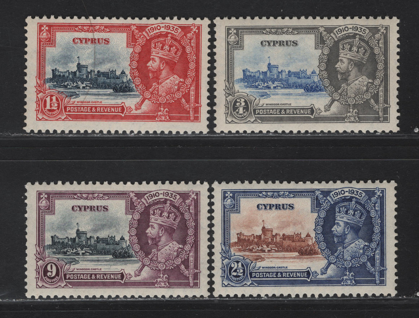 Lot 238 Ceylon SG#144-147 3/4pi - 9pi Ultramarine & Gray - Slate & Plum KGV & Windsor Castle, 1935 Silver Jubilee Issue, 4 F/VFNH Singles