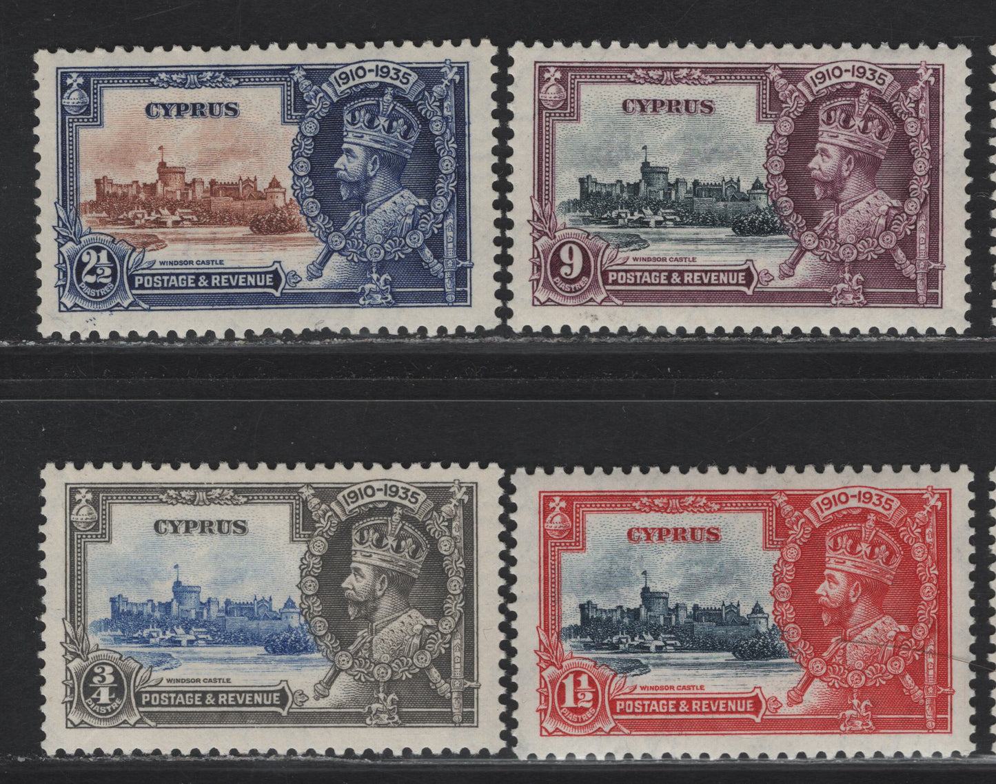 Lot 239 Ceylon SG#144-147 3/4pi - 9pi Ultramarine & Gray - Slate & Plum KGV & Windsor Castle, 1935 Silver Jubilee Issue, 4 VFOG Singles