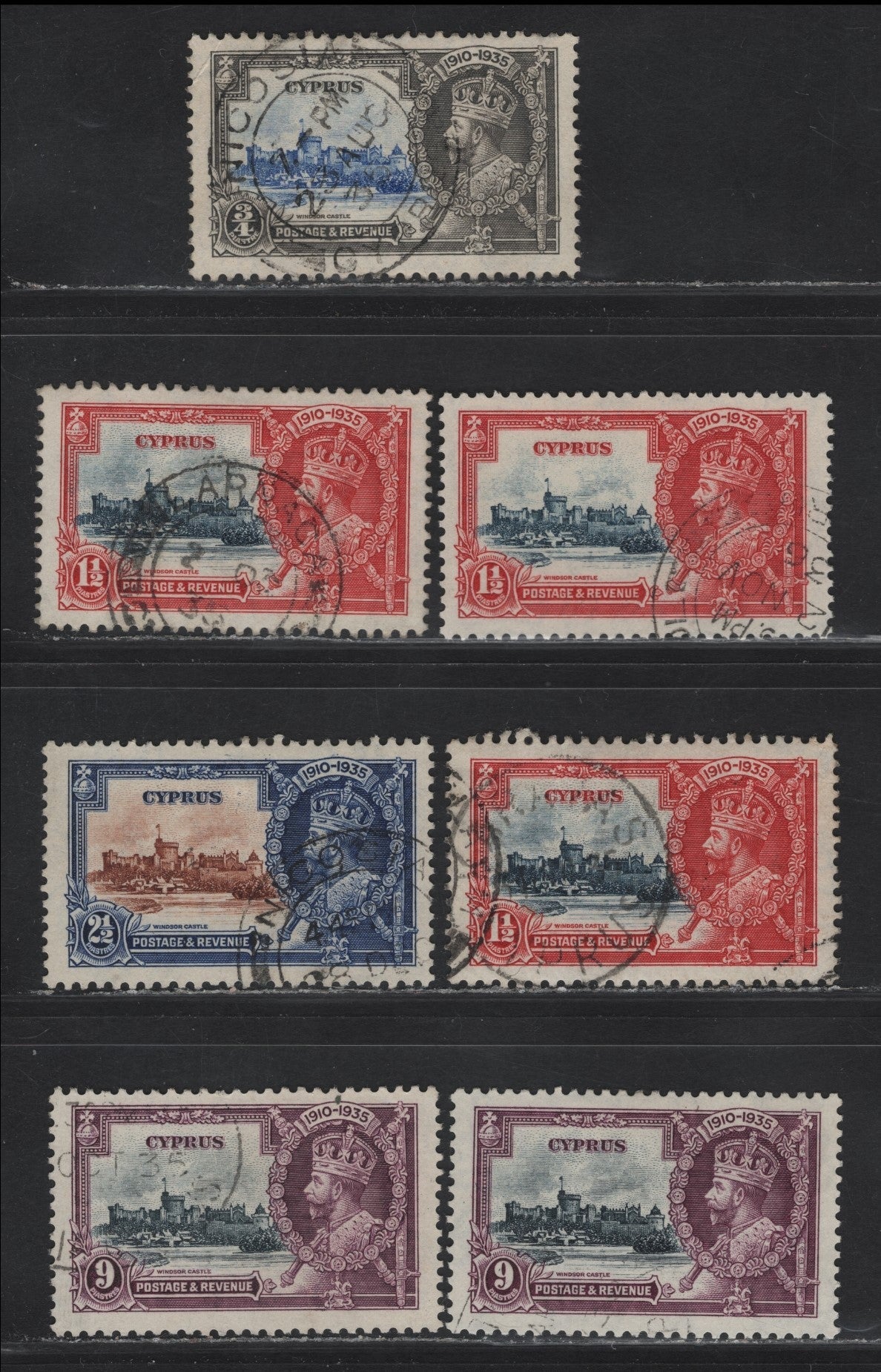Lot 241 Ceylon SG#144-147 3/4pi - 9pi Ultramarine & Gray - Slate & Plum KGV & Windsor Castle, 1935 Silver Jubilee Issue, 6 Very Fine Used Singles, Extra Shades Of 1.5pi & 9pi