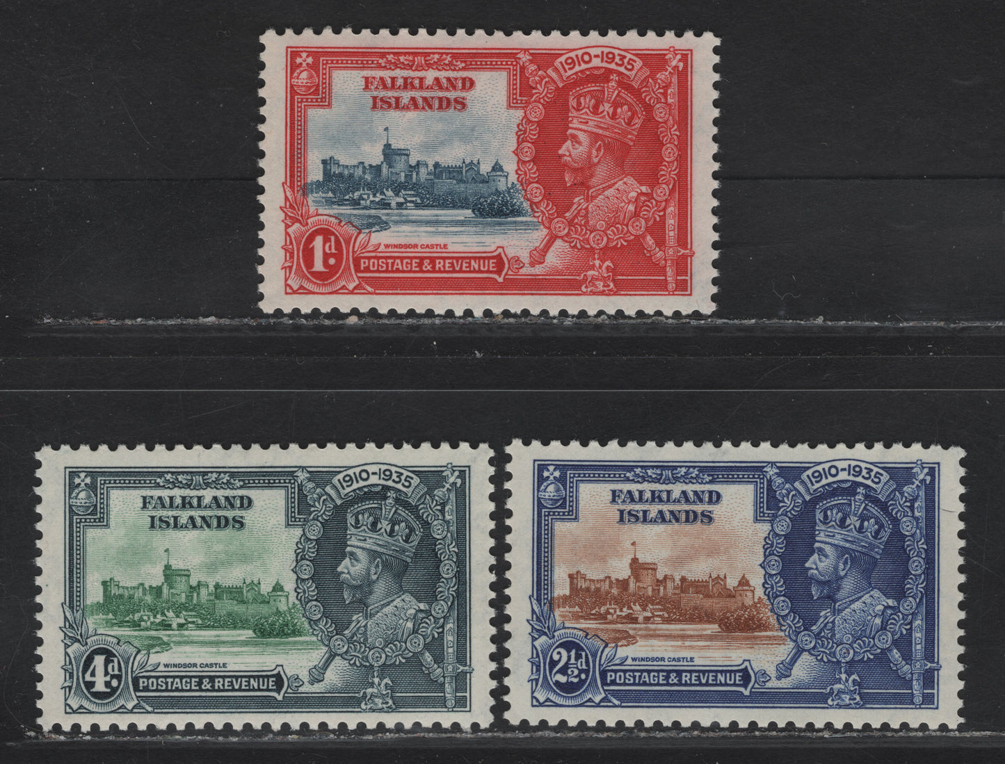 Lot 249 (C) Falkland Islands SG#139-141 1d - 4d Deep Dull Blue & Scarlet - Green & Pale Indigo/Slate KGV & Windsor Castle, 1935 Silver Jubilee Issue, 3 VFNH Singles