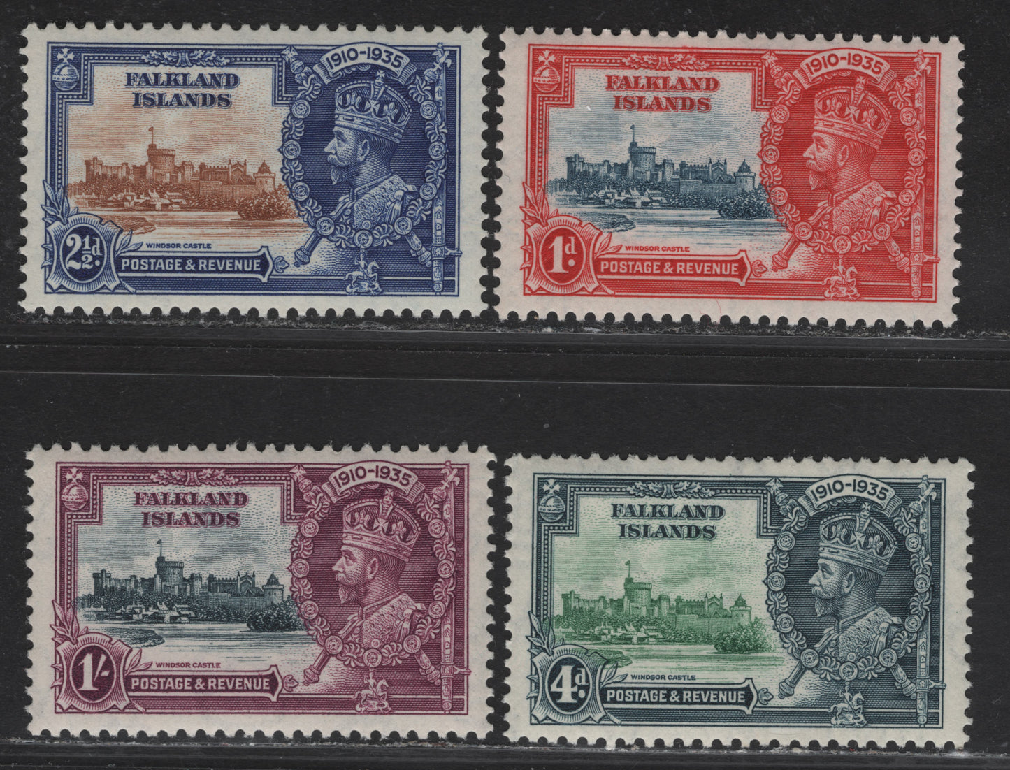 Falkland Islands SG#139-142 1d - 1/- Gray Blue & Scarlet - Slate & Rose Purple KGV & Windsor Castle, 1935 Silver Jubilee Issue, 4 VFNH Singles