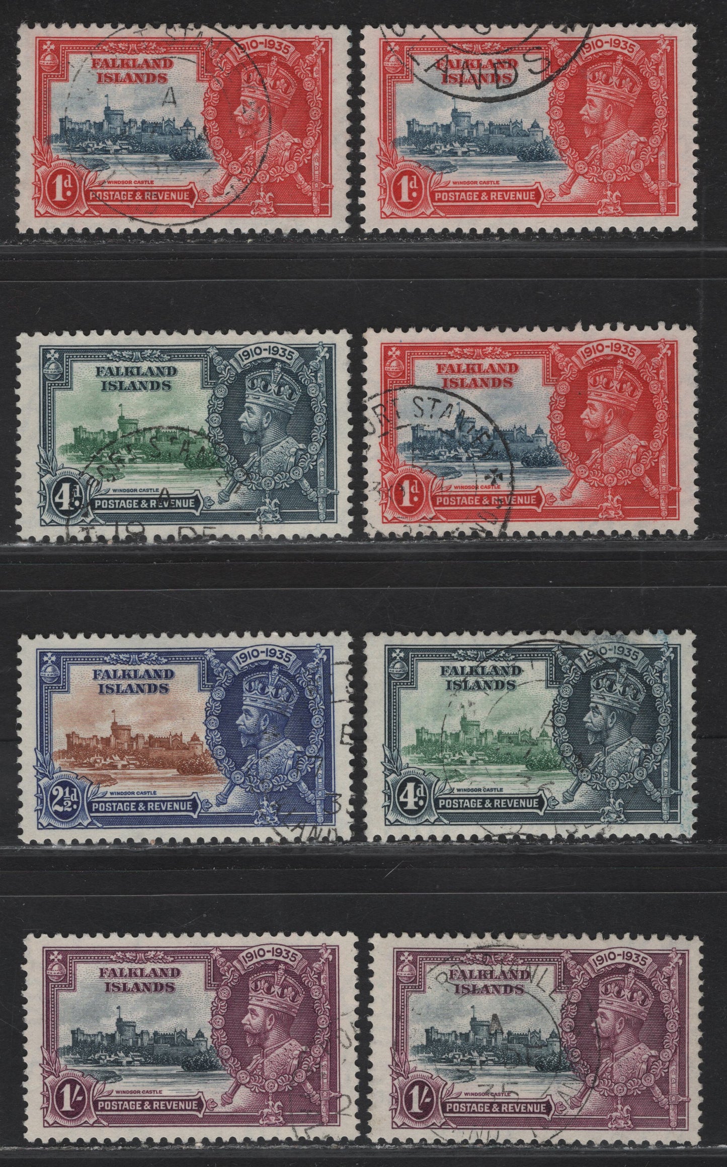 Lot 255 Falkland Islands SG#139-142 1d - 1/- Deep Dull Blue & Scarlet - Slate & Rose Purple KGV & Windsor Castle, 1935 Silver Jubilee Issue, 2 Very Fine Used Singles, 2-3 Shades of Most Values, In Most Cases Involving Both Frame & Vignette Plates