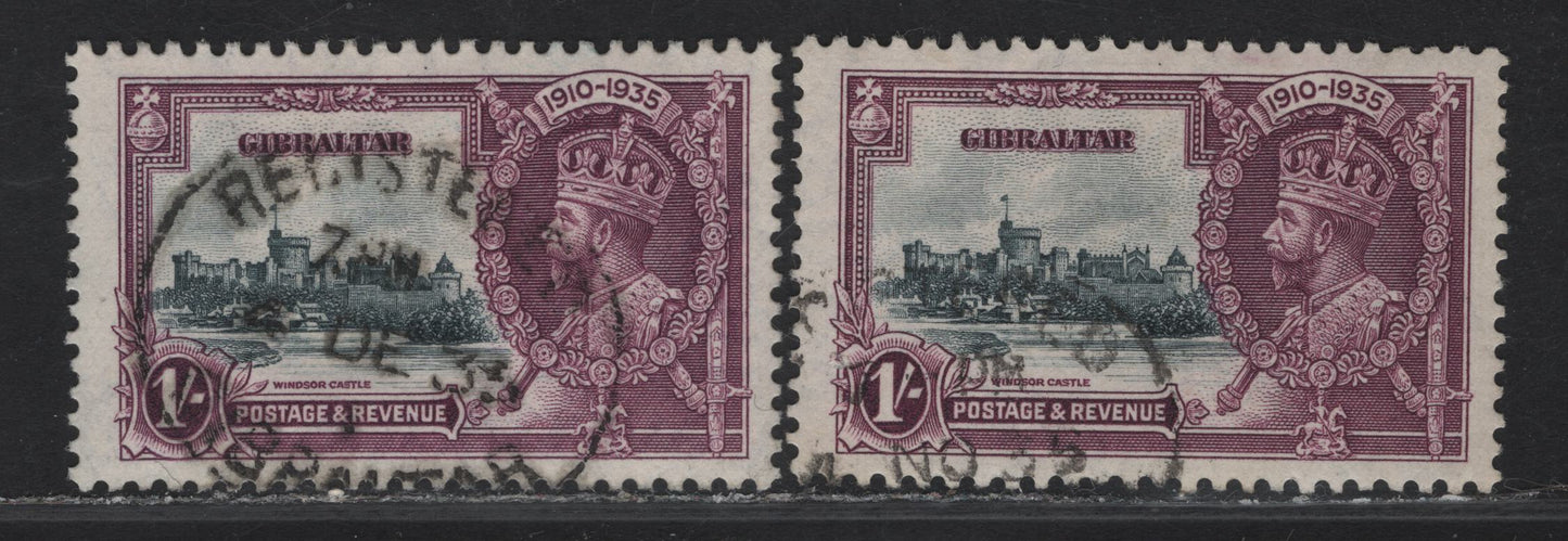 Lot 284 Gibraltar SG#117 1/- Slate/Bluish Slate & Rose Purple KGV & Windsor Castle, 1935 Silver Jubilee Issue, 2 Very Fine Used Singles, Each A Different Shade Of Slate