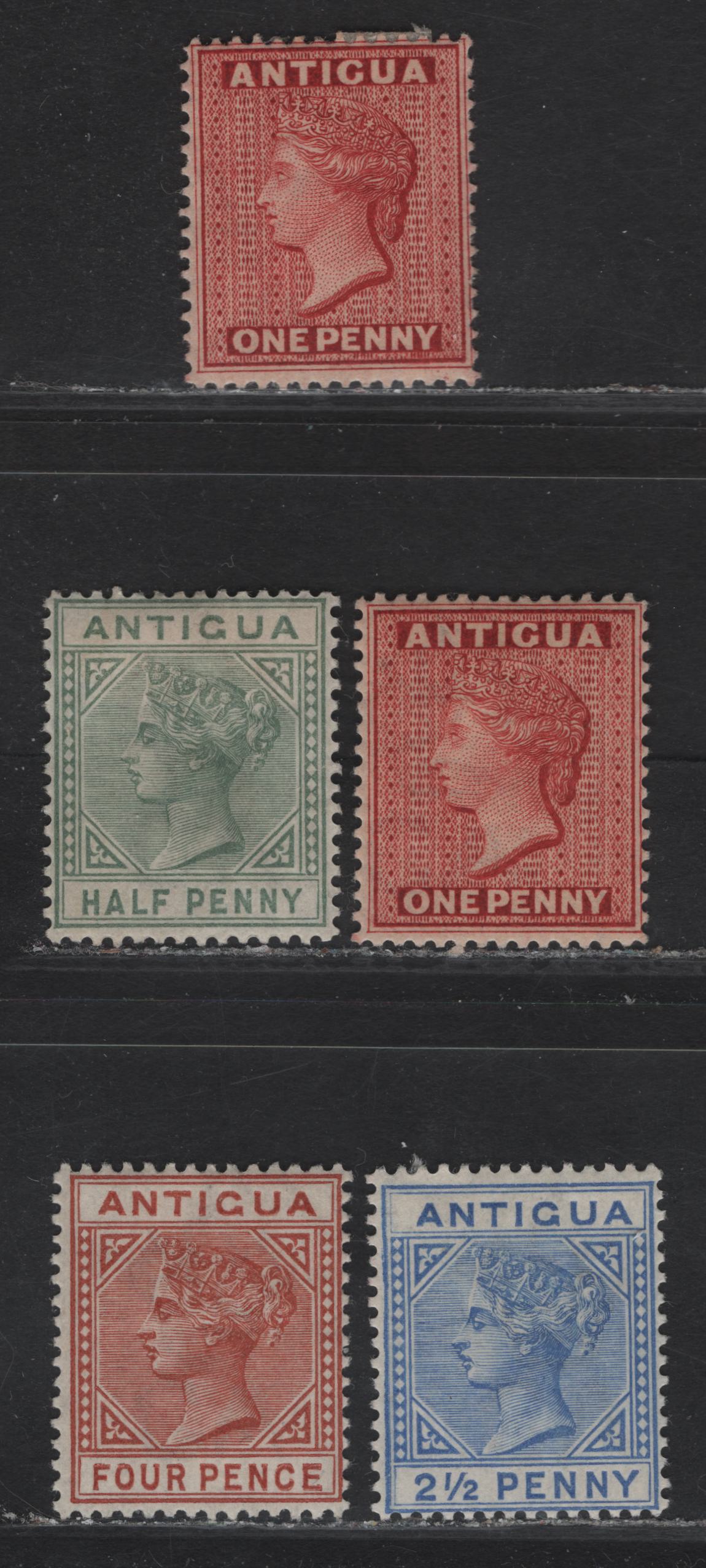 Lot 29 (C) Antigua SC#21, 25, 27-28 1/2d - 4d Dull Green - Chestnut Queen Victoria, 1882-1887 Queen Victoria Keyplates & Courboul Heads Issues, 5 F/VFOG Singles, Includes 2 Very Slightly Different Shades Of The 1d