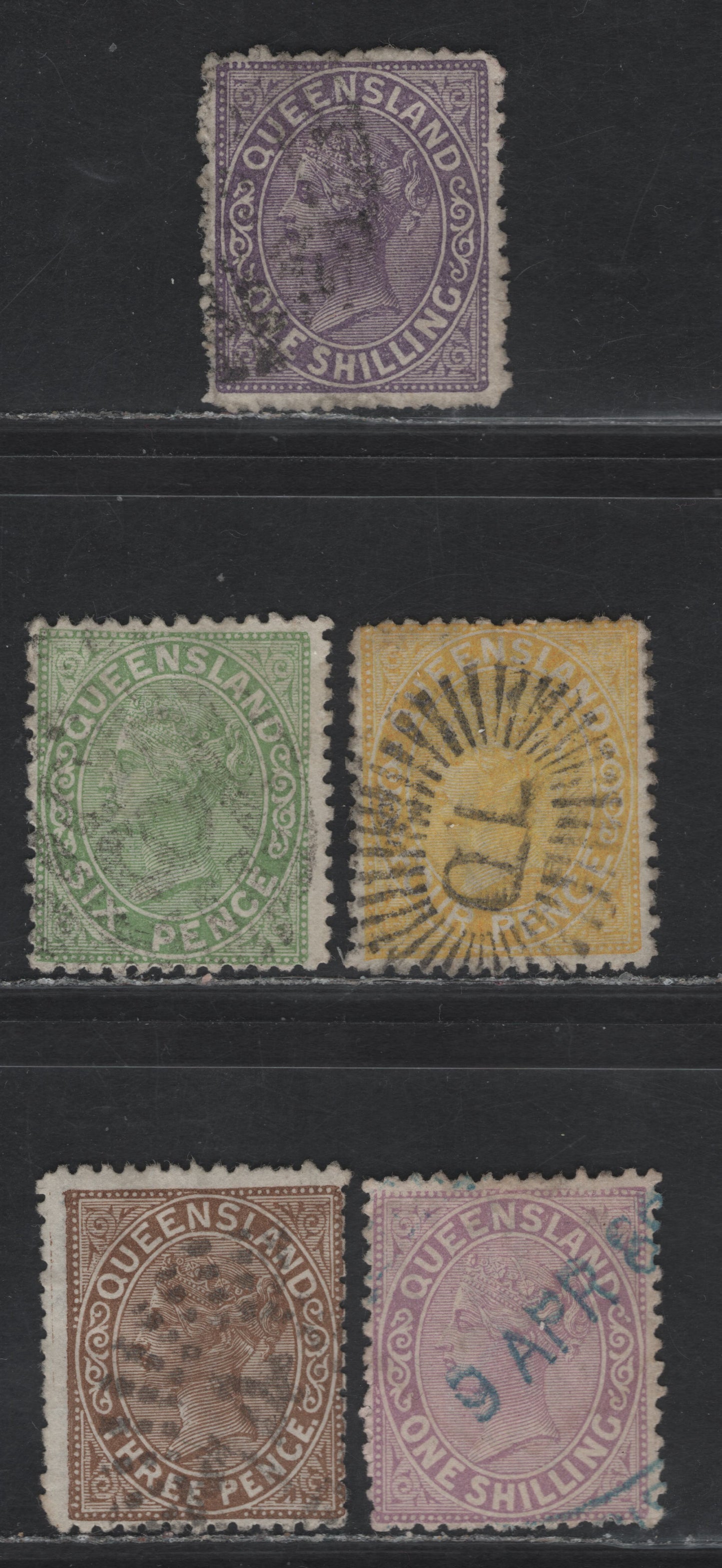 Lot 31B (C) Queensland SG#169-171, 174, 192 4d - 1/- Pale Yellow - Pale Mauve Queen Victoria, 1882-1890 Queen Victoria Lined Sidefaces Issue, 5 Very Good/Fine/Very Fine Used Singles, Wmk 6