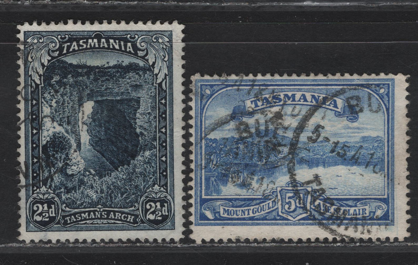Lot 38 (C) Tasmania SG#232, 235 2.5d - 5d Indigo - Bright Blue Tasman's Arch - Mount Gould, 1899-1900 Pictorial Issue, 2 Very Good/Fine Used Singles, Small Thin On 2.5d
