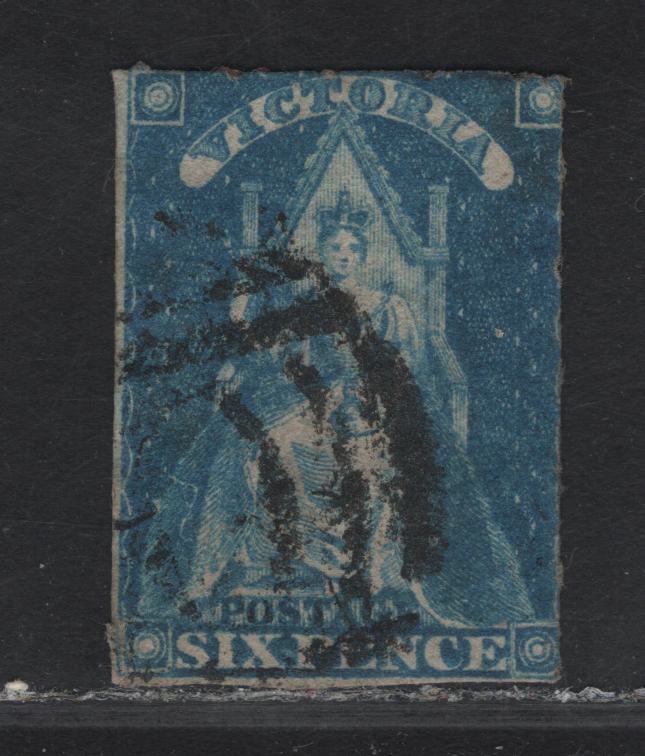 Lot 39 (C) Victoria SG#73 6d Blue Queen on Throne, 1858 Queen Victoria Issue, A Very Good Used Single, Roulettes Only On 2 Sides, Others Trimmed, Typical Centering For This Issue.