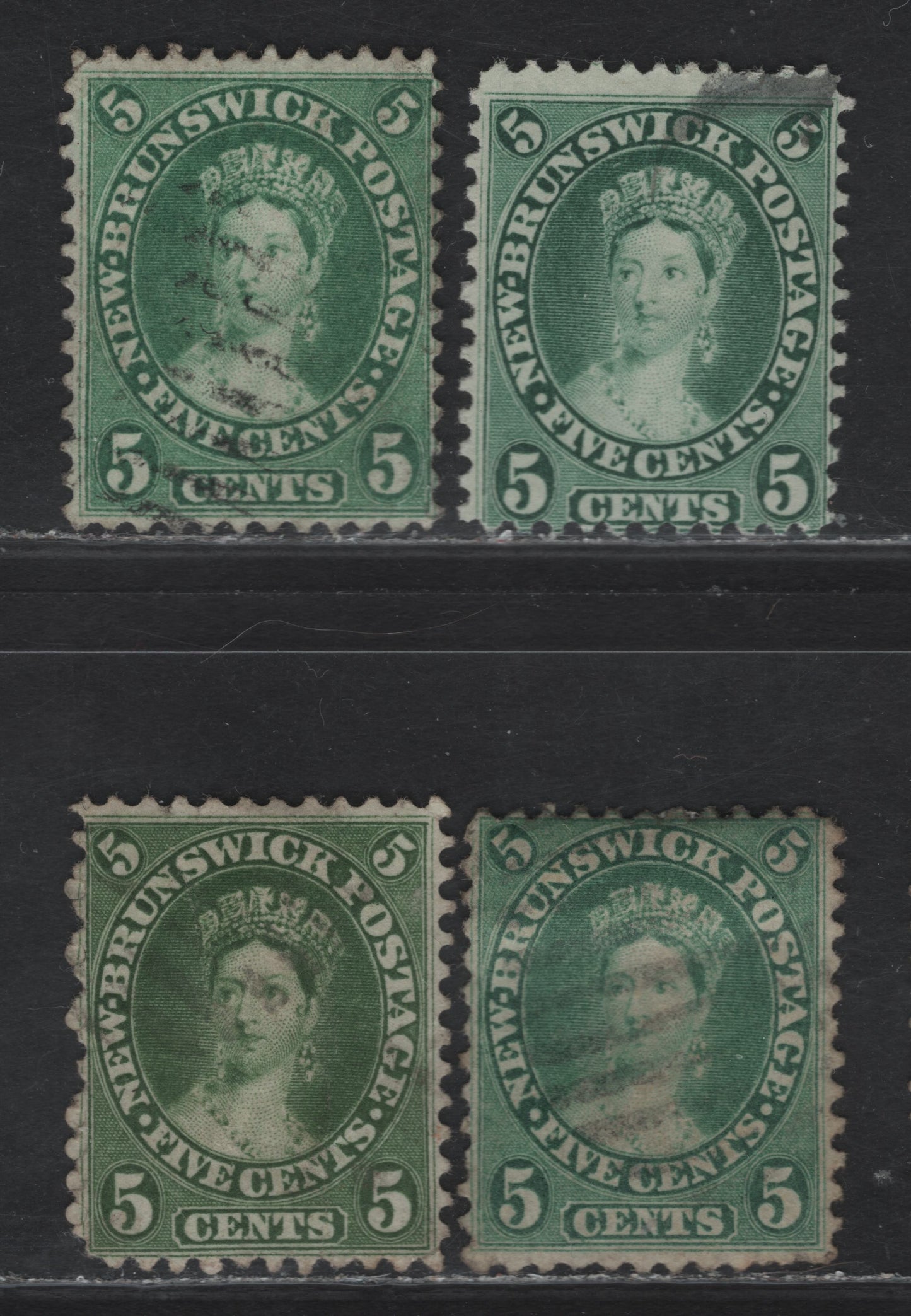 Lot 42 New Brunswick #8, 8a, 8b 5c Yellowish Green, Blue Green & Olive Green Queen Victoria, 1860 Cents Issue, 4 Very Good/Fine Used Singles, Variety Of Papers & Perfs