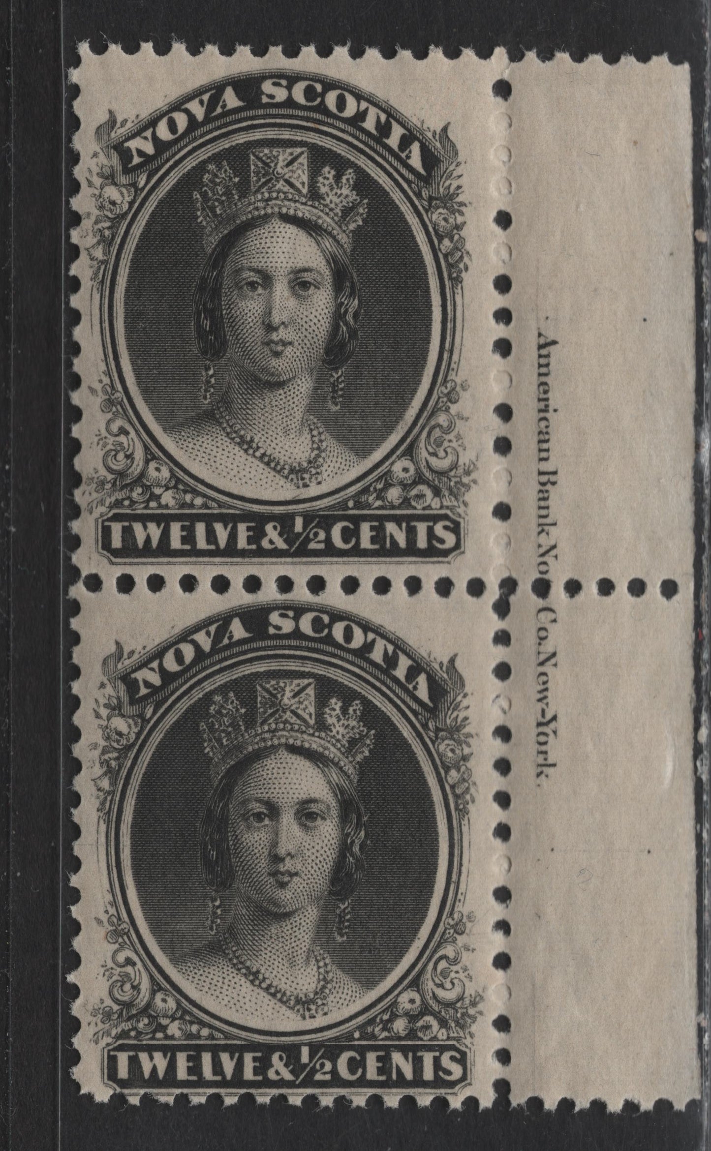 Lot 49 Nova Scotia #13 12.5c Black Queen Victoria, 1860-1863 Queen Victoria Issue, A VFNH Inscription Pair, Paper Cents-G, Perf 12x11.75