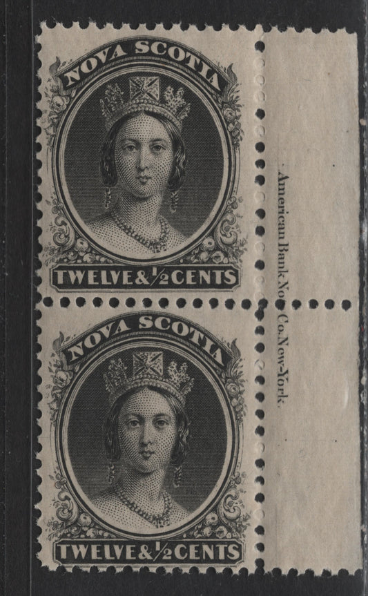 Lot 49 Nova Scotia #13 12.5c Black Queen Victoria, 1860-1863 Queen Victoria Issue, A VFNH Inscription Pair, Paper Cents-G, Perf 12x11.75