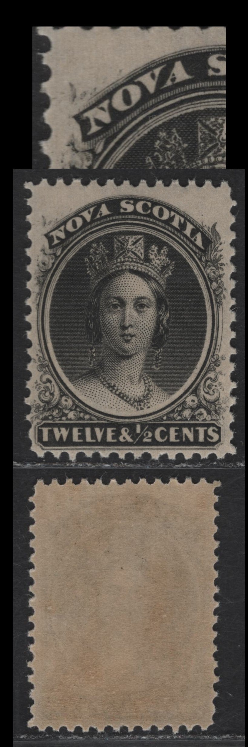 Lot 51 Nova Scotia #13var 12.5c Black Queen Victoria, 1860-1863 Queen Victoria Issue, A VFNH Single, Paper Cents-G, Perf 12x11.75, Weak Entry At Upper Left Which The Ends Of The Ribbon At UL Is Almost Entirely Missing.