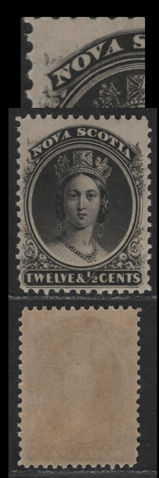 Lot 51 Nova Scotia #13var 12.5c Black Queen Victoria, 1860-1863 Queen Victoria Issue, A VFNH Single, Paper Cents-G, Perf 12x11.75, Weak Entry At Upper Left Which The Ends Of The Ribbon At UL Is Almost Entirely Missing.