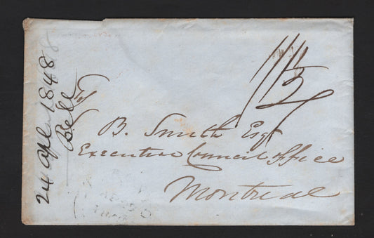 Lot 52 A Fine Stampless Cover, Sent To Montreal From An Indeterminite Location, Rated 1 / 1.5d Postage To Be Collected From Recipient