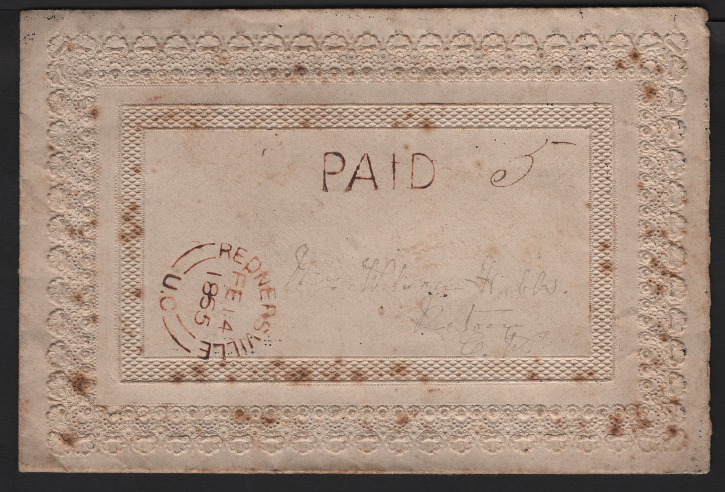 Lot 53 Canada Fancy Embossed 'Lace' Pattern , A Prepaid Cover, Sent In 1855 From Rednersville U-C (Ontario) To Pictou, U-C, Paid Upon Sending & Cover Was Rented '5' & Straight Line Paid Marking