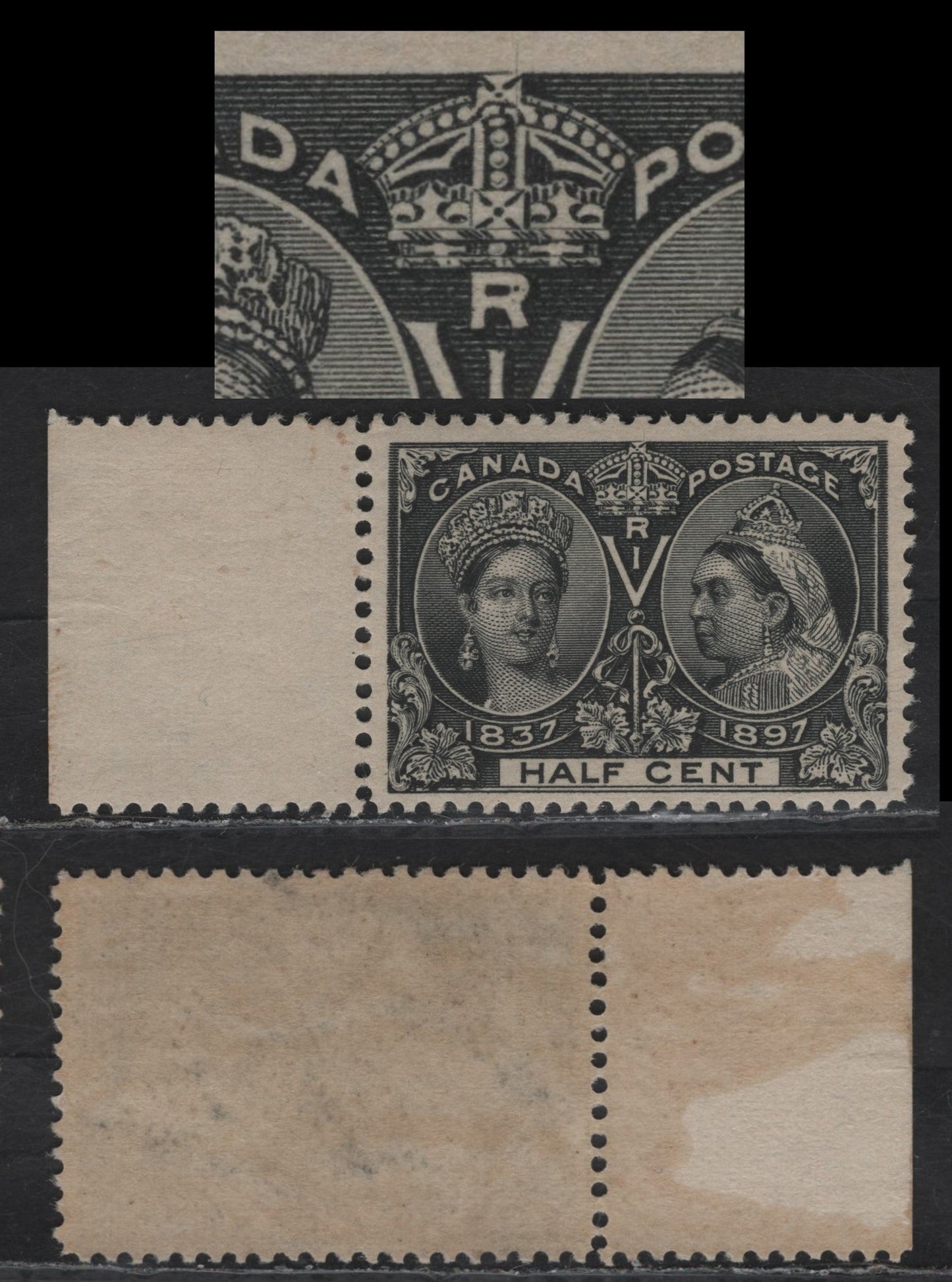 Lot 59 (C) Canada #50var 1/2c Jet Black Queen Victoria, 1897 Diamond Jubilee Issue, A VFNH Single, Paper ABN-U, Perf 11.9x11.9, Showing A Very Fine Vertical Line Through The Crown.