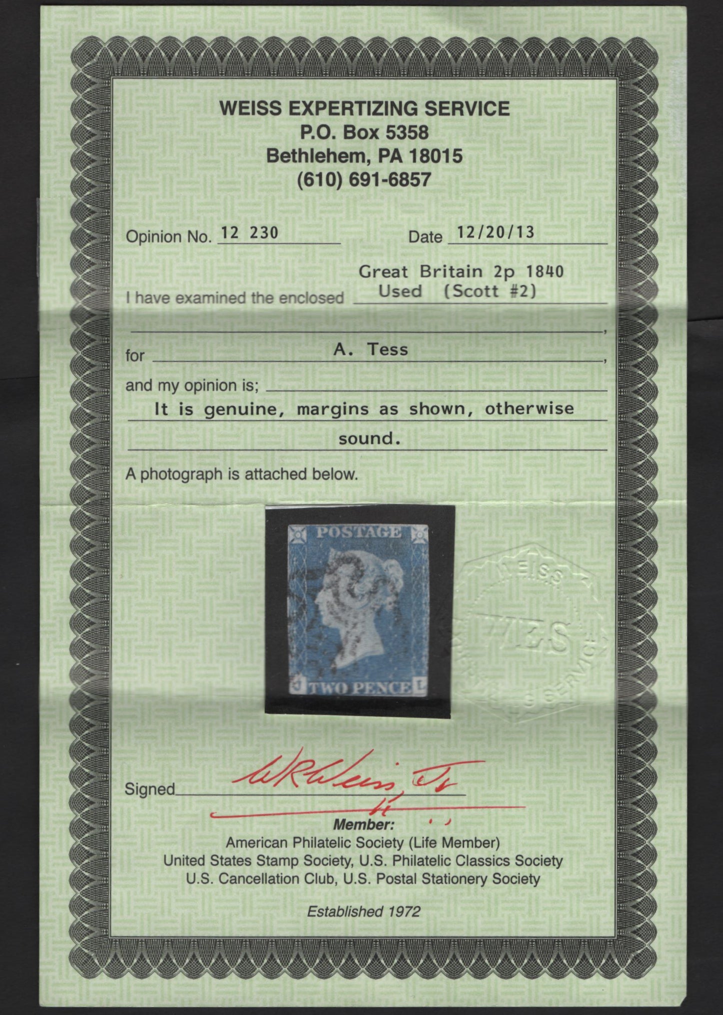 Lot 6 Great Britain SG#5 2d Blue Queen Victoria, 1840-1841 Line Engraved Queen Victoria Issue, A Good Used Single, 2013 Weiss Certificate, 1 Margin at Top, 1/2 Margin To Just Touching At Left & Bottom, Just In On Right Side.