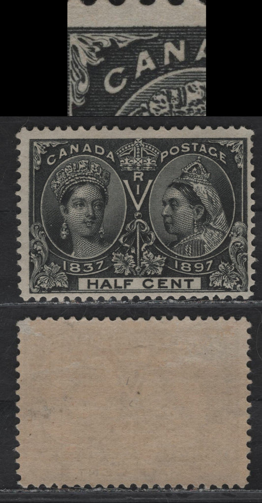 Lot 60 (C) Canada #50var 1/2c Jet Black Queen Victoria, 1897 Diamond Jubilee Issue, A FOG Single, Paper ABN-U, Perf 11.9x12, Showing Fine Horizontal Dash Inside First A of Canada.
