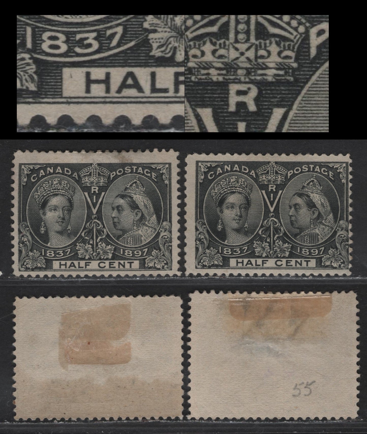 Lot 61 Canada #50 1/2c Black Queen Victoria, 1897 Diamond Jubilee Issue, 2 G/VGOG Singles, Papers ABN-U, Perf 12, Both With Faults.