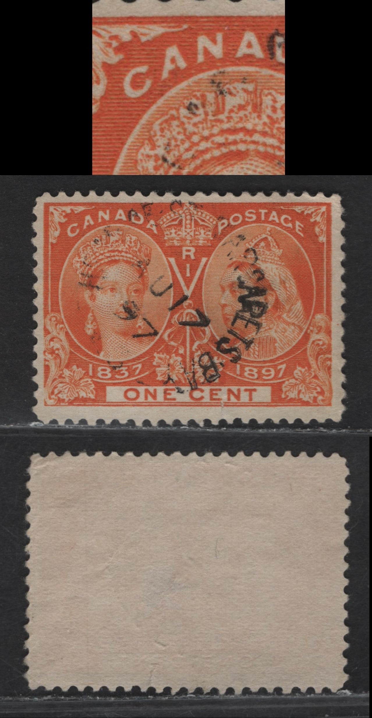 Lot 63 Canada #51var 1c Deep Orange Queen Victoria, 1897 Diamond Jubilee Issue, A Very Good Used Single, Paper ABN-U, Perf 11.95x11.9, Unlisted Vertical Break In First A Of Canada & Small Tear Through Margin At EN of Cent.