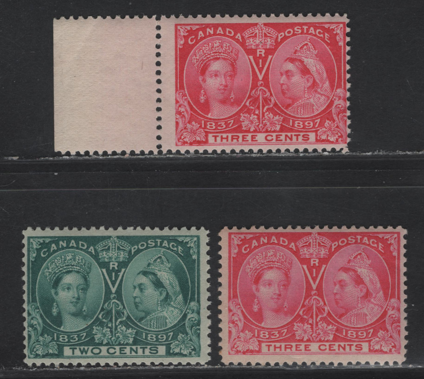 Lot 64 (C) Canada #52, 53, 53i 2c - 3c Bluish Green - Pale Rose Queen Victoria, 1897 Diamond Jubilee Issue, 3 FNH Singles, Papers ABN-U, Perfs 12 & 11.9x12