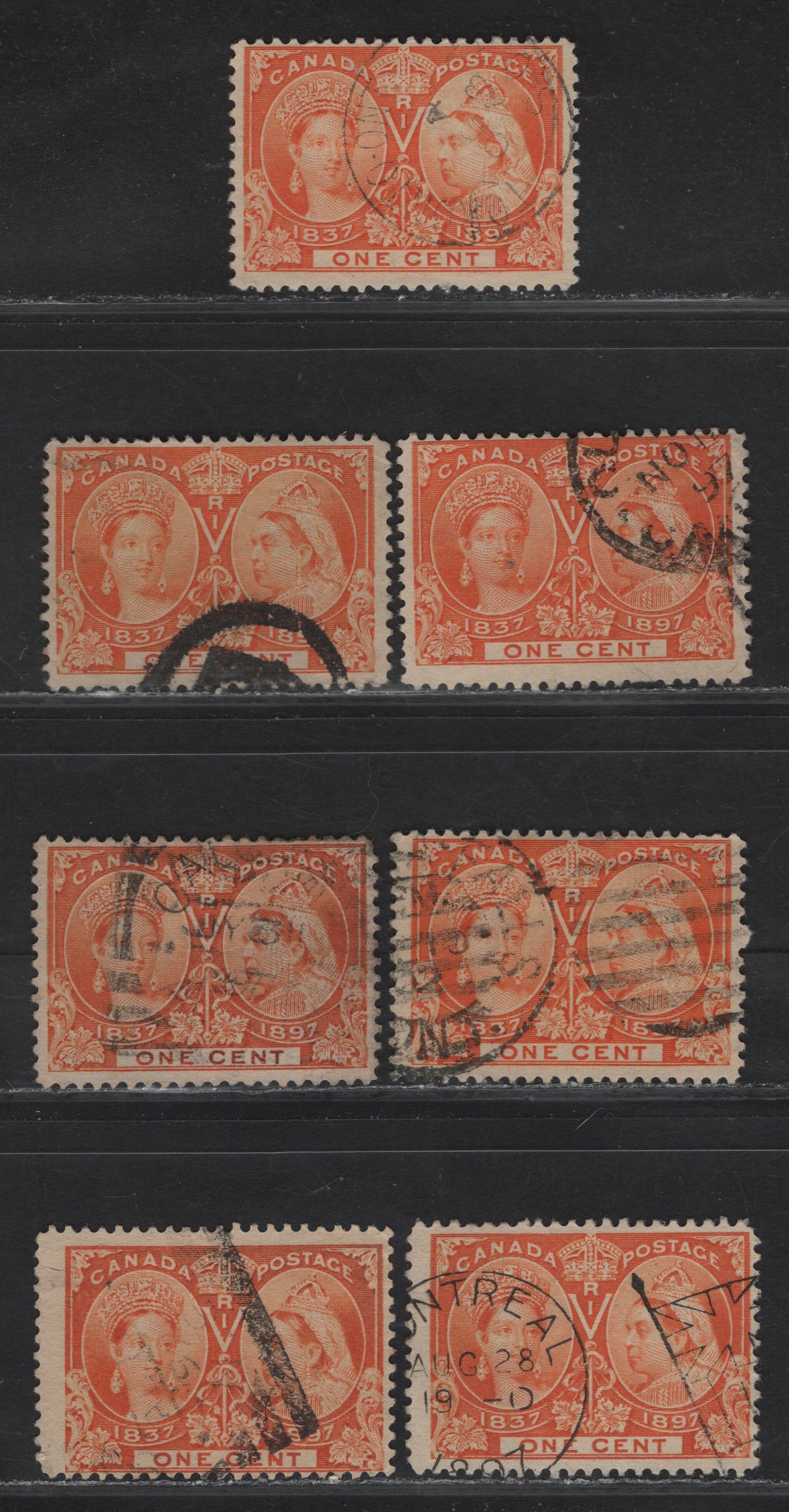 Lot 67 (C) Canada #51 1c Orange - Deep Dull Orange Queen Victoria, 1897 Diamond Jubilee Issue, 7 Fine Used Singles, Paper ABN-U, Perf 12