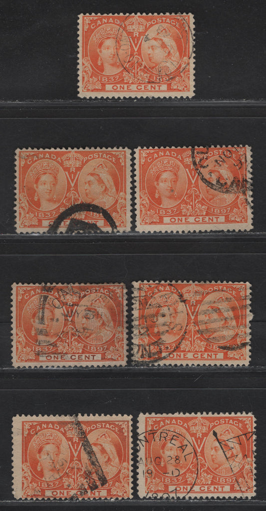 Lot 67 (C) Canada #51 1c Orange - Deep Dull Orange Queen Victoria, 1897 Diamond Jubilee Issue, 7 Fine Used Singles, Paper ABN-U, Perf 12