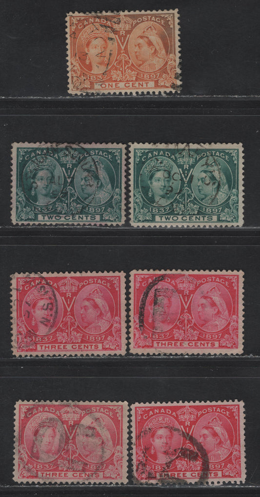 Lot 68 (C) Canada #51, 52, 52i, 53, 53i 1c - 3c Dull Orange - Deep Bright Rose Queen Victoria, 1897 Diamond Jubilee Issue, 7 Very Fine Used Singles, Paper ABN-U, Perf 12, 12x11.9 and 11.9x12
