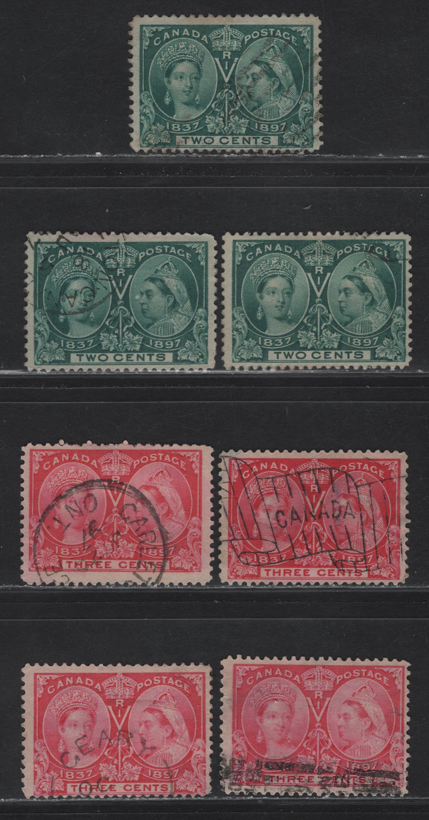Lot 69 Canada #52, 52i, 53, 53i 2c - 3c Green - Salmon Rose Queen Victoria, 1897 Diamond Jubilee Issue, 6 Fine Used Singles, Papers ABN-U & ABN-V, Perfs 12x11.9, 12 & 12x12.1