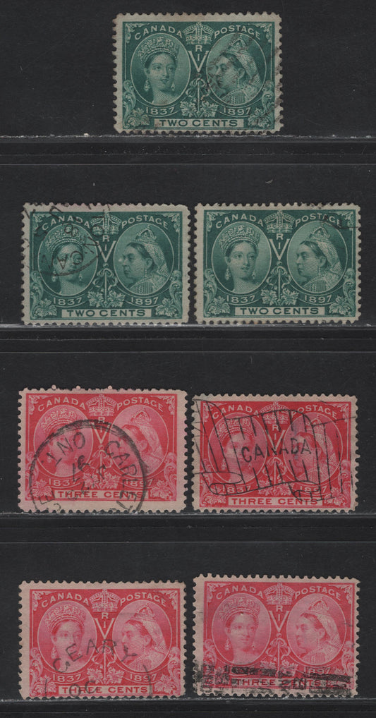 Lot 69 Canada #52, 52i, 53, 53i 2c - 3c Green - Salmon Rose Queen Victoria, 1897 Diamond Jubilee Issue, 6 Fine Used Singles, Papers ABN-U & ABN-V, Perfs 12x11.9, 12 & 12x12.1