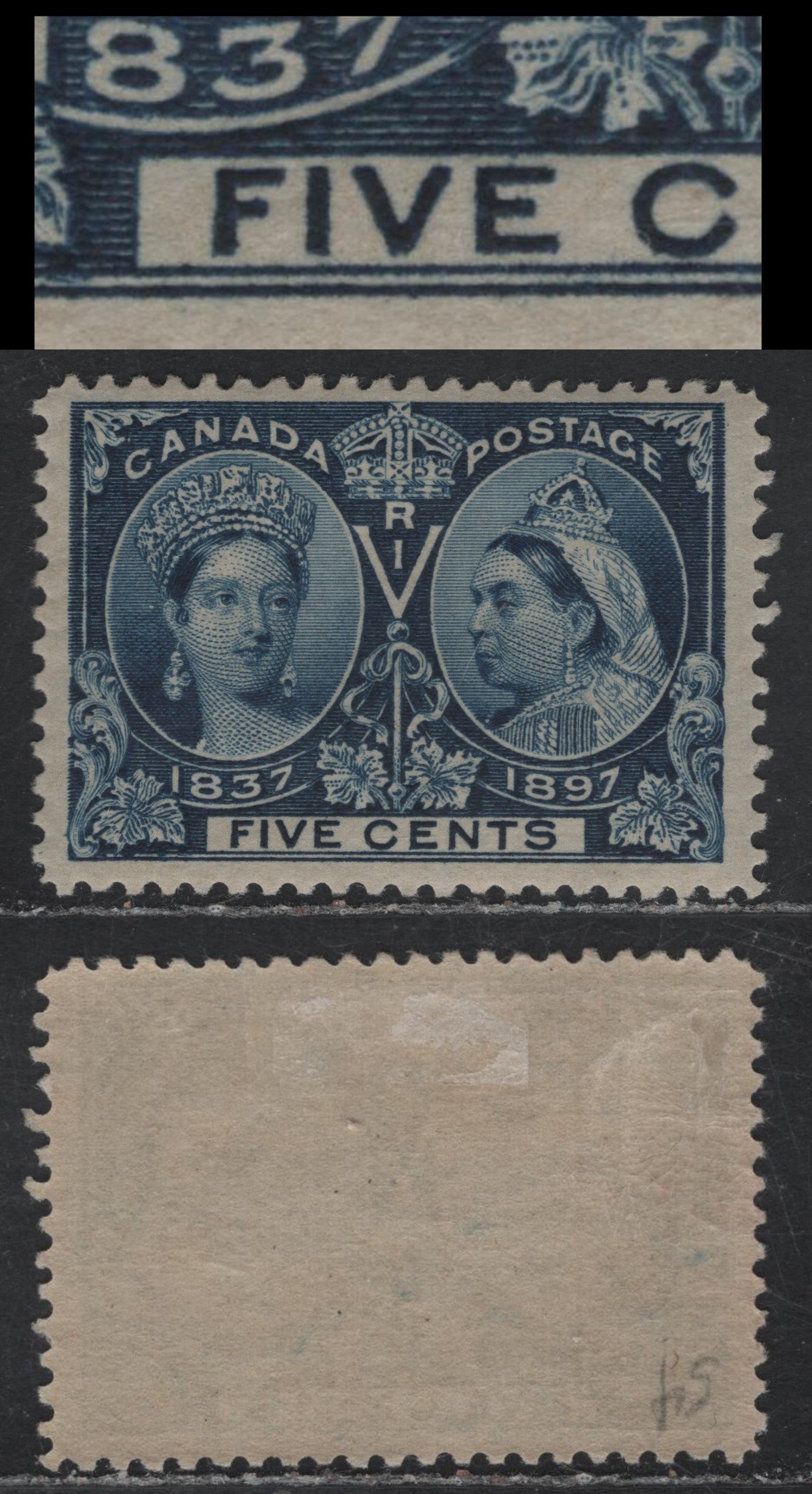 Lot 71 (C)  Canada #54var 5c Dark Blue Queen Victoria, 1897 Diamond Jubilee Issue, A VFOG Single, Paper ABN-U, Perf 11.9, Showing Slight Doubling Of 'Five', Unlisted In Unitrade.