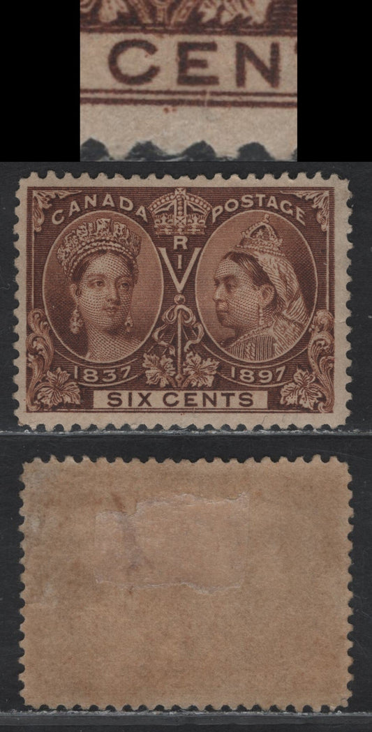 Lot 76 (C) Canada #55 6c Deep Yellow Brown Queen Victoria, 1897 Diamond Jubilee Issue, A Very Fine Regummed Single, Paper ABN-W, Perf 11.9x12, Showing A Dot In Margin Under CE of Cents, Professionally Regummed.