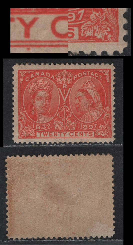 Lot 88 (C) Canada #59var 20c Dull Vermillion Queen Victoria, 1897 Diamond Jubilee Issue, A FRG Single, Paper ABN-W, Perf 11.9, Dot In Bottom Margin Under 'Y' of 'Twenty', Two Crossed Guidelines In Lower Right Corner, Non-Original Gum.