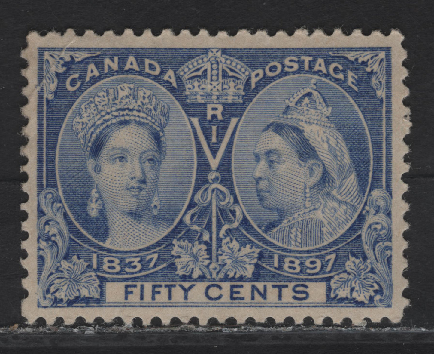 Lot 90 Canada #60i 50c Deep Ultramarine Queen Victoria, 1897 Diamond Jubilee Issue, A VGOG Single, Paper ABN-W, Perf 11.9x12, Heavy Diagonal Crease At UL, Gum Is NH But There Is A Spot Of Disturbance.