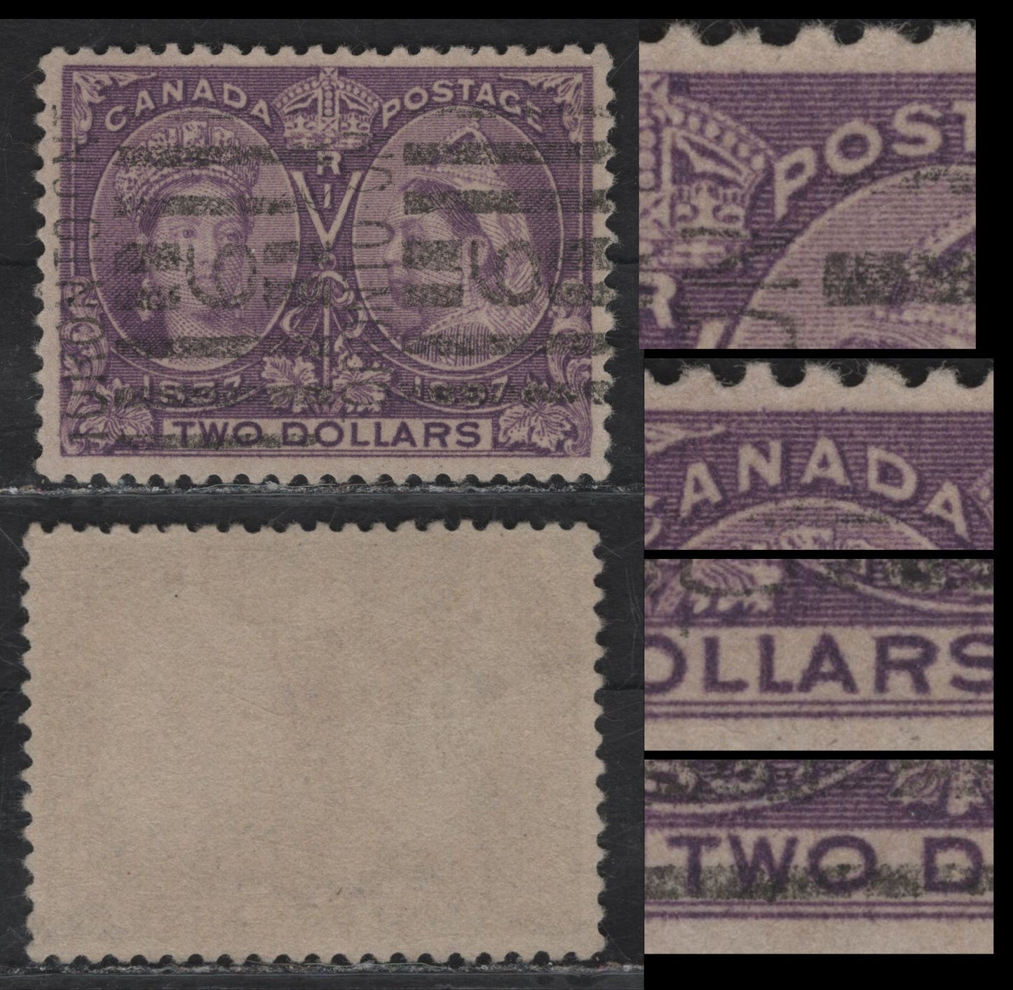 Lot 92 (C) Canada #62 $2 Milky Violet Queen Victoria, 1897 Diamond Jubilee Issue, A Very Fine Used Single, Paper ABN-W, Perf 12x11.9, Lightly Cancelled With Crisp Toronto '9' Roller Cancel, Showing Re-Entry or Slip Print (Unlisted In Unitrade).
