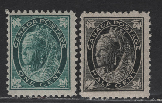 Lot 94 (C) Canada #66-67 1/2c - 1c Gray Black & Blue Green Queen Victoria, 1897-1898 Maple Leaf Issue, 2 FNH/OG Singles, Paper ABN-Y, Perfs 11.9 & 11.9x11.8, Design Sizes 17x20.8mm & 17x21mm, Gum Is NH On Both Stamps, Small Disturbace On 1/2c.