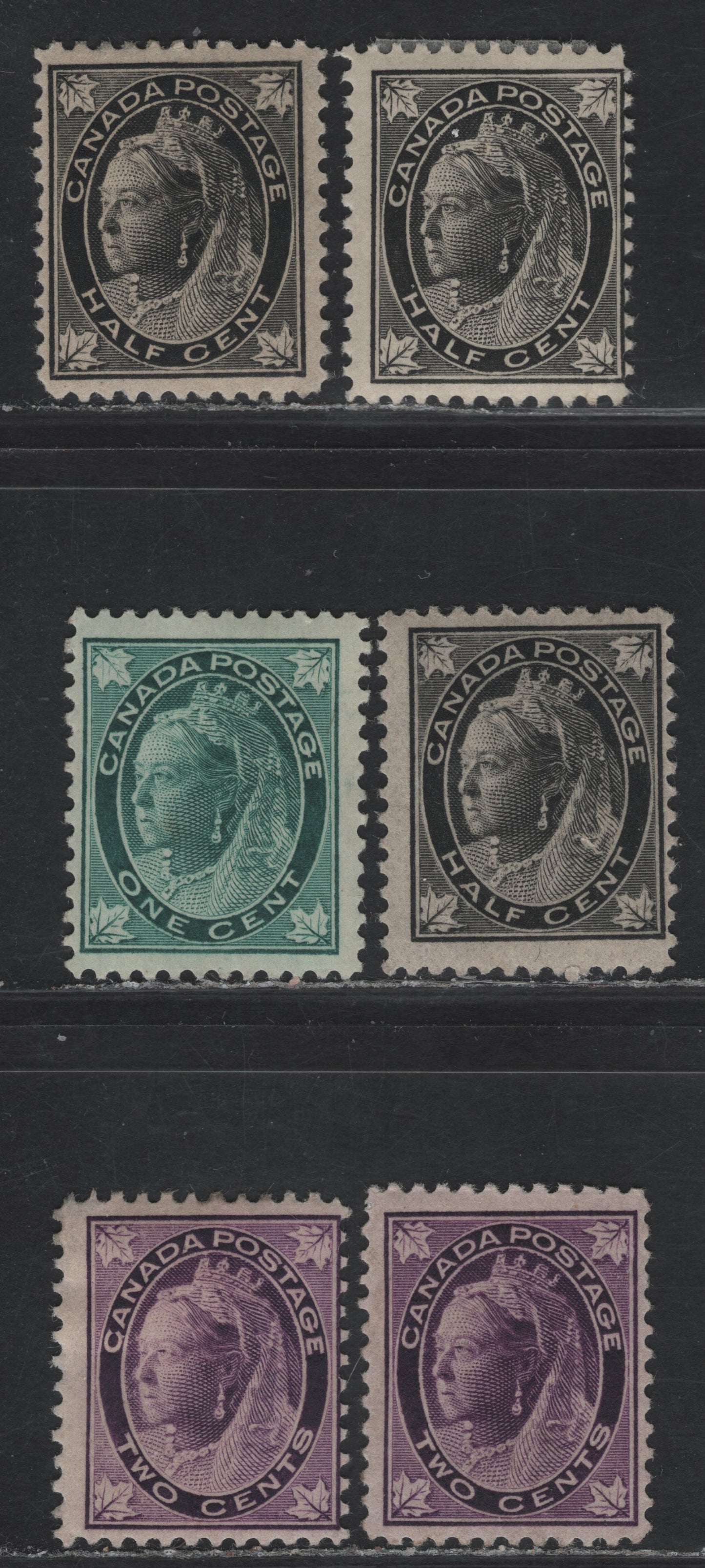 Lot 95 (C) Canada #66-68 1/2c - 2c Black - Purple Queen Victoria, 1897-1898 Maple Leaf Issue, 6 FOG Singles, Papers ABN-A, ABN-X & ABN-Y, Perfs 12, 11.9 & 11.9x11.85