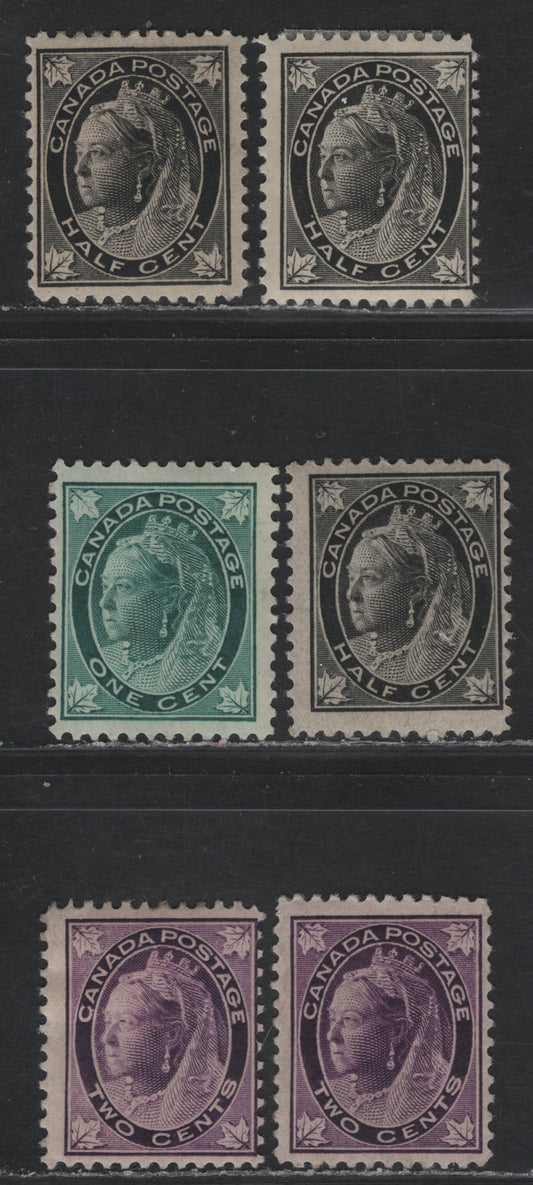 Lot 95 (C) Canada #66-68 1/2c - 2c Black - Purple Queen Victoria, 1897-1898 Maple Leaf Issue, 6 FOG Singles, Papers ABN-A, ABN-X & ABN-Y, Perfs 12, 11.9 & 11.9x11.85