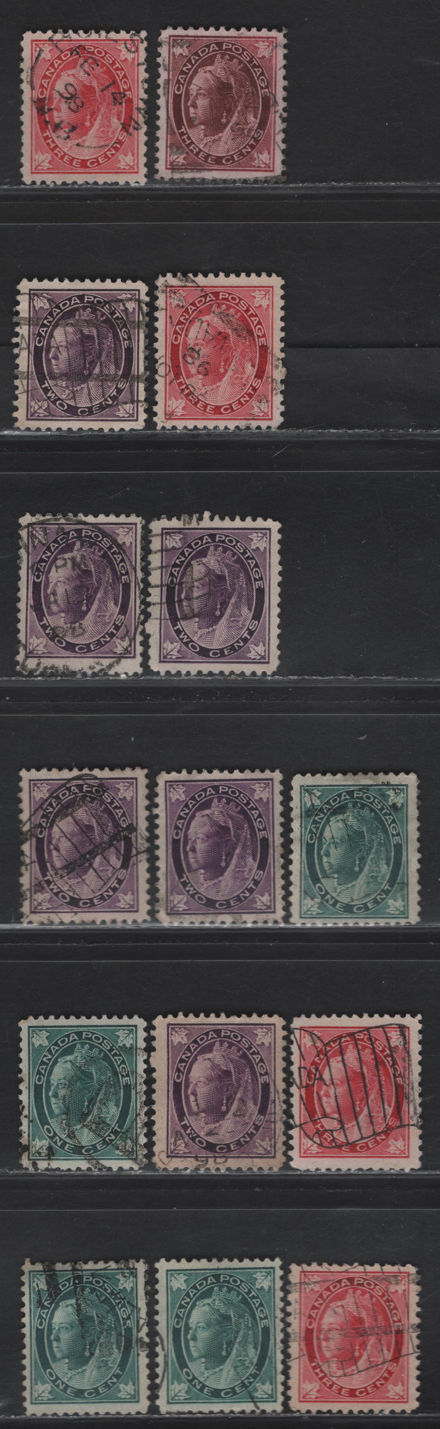 Lot 98 (C) Canada #67-69 1c - 3c Blue Green - Deep Carmine Rose Queen Victoria, 1897-1898 Maple Leaf Issue, 15 Very Fine Used Singles, Various Papers With Different Perfs & Design Sizes