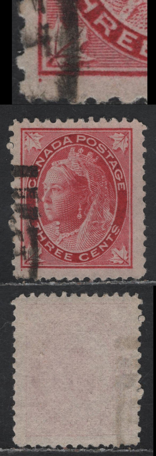 Lot 98A (C) Canada #69var 3c Bright Carmine Queen Victoria, 1897-1898 Maple Leaf Issue, A Very Fine Used Single, Unlsited Thin Paper, Showing Guide Dot In LL Corner, Similar To The One Listed On The 5c Value, Perf 12x11.9, Design Size 16.75x20.8mm.