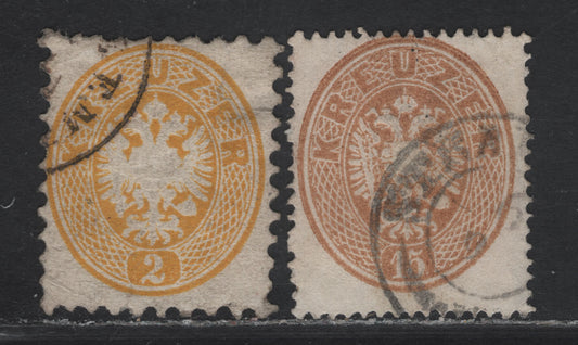 Lot 1 Austria SC#21, 22 2kr - 15kr Yellow - Yellow Brown Arms, 1863-1864 Arms Issue, 2 Very Good/Fine Used Singles, Perf 9.5 (2kr) & 14