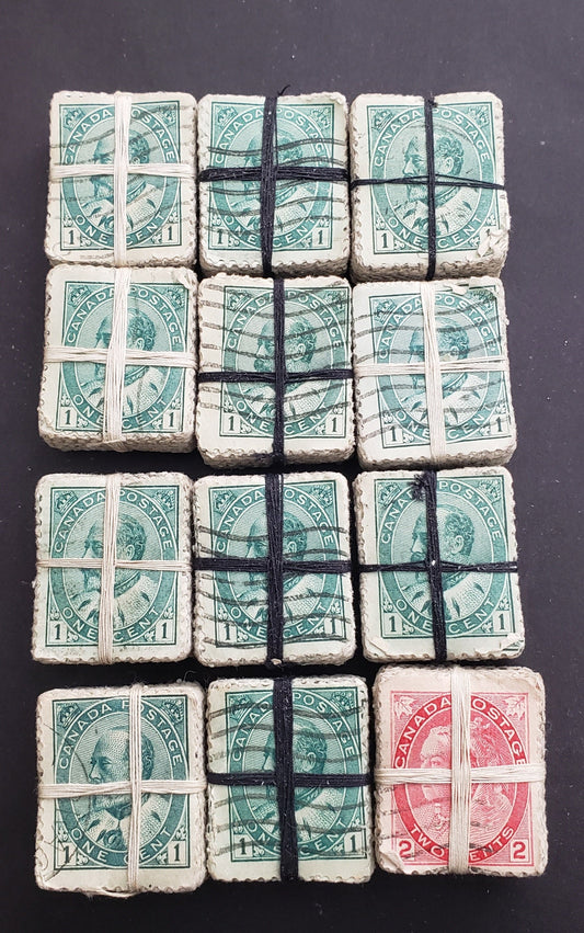 Lot 103 Canada #77, 89 1c - 2c Green - Carmine King Edward VII - Queen Victoria, 1898-1908 Numeral - King Edward VII Issues, 12 Very Fine Used Bundles Of 100, Totally Unpicked For Re-Entries, Hairlines, Plate Varieties & Cancels