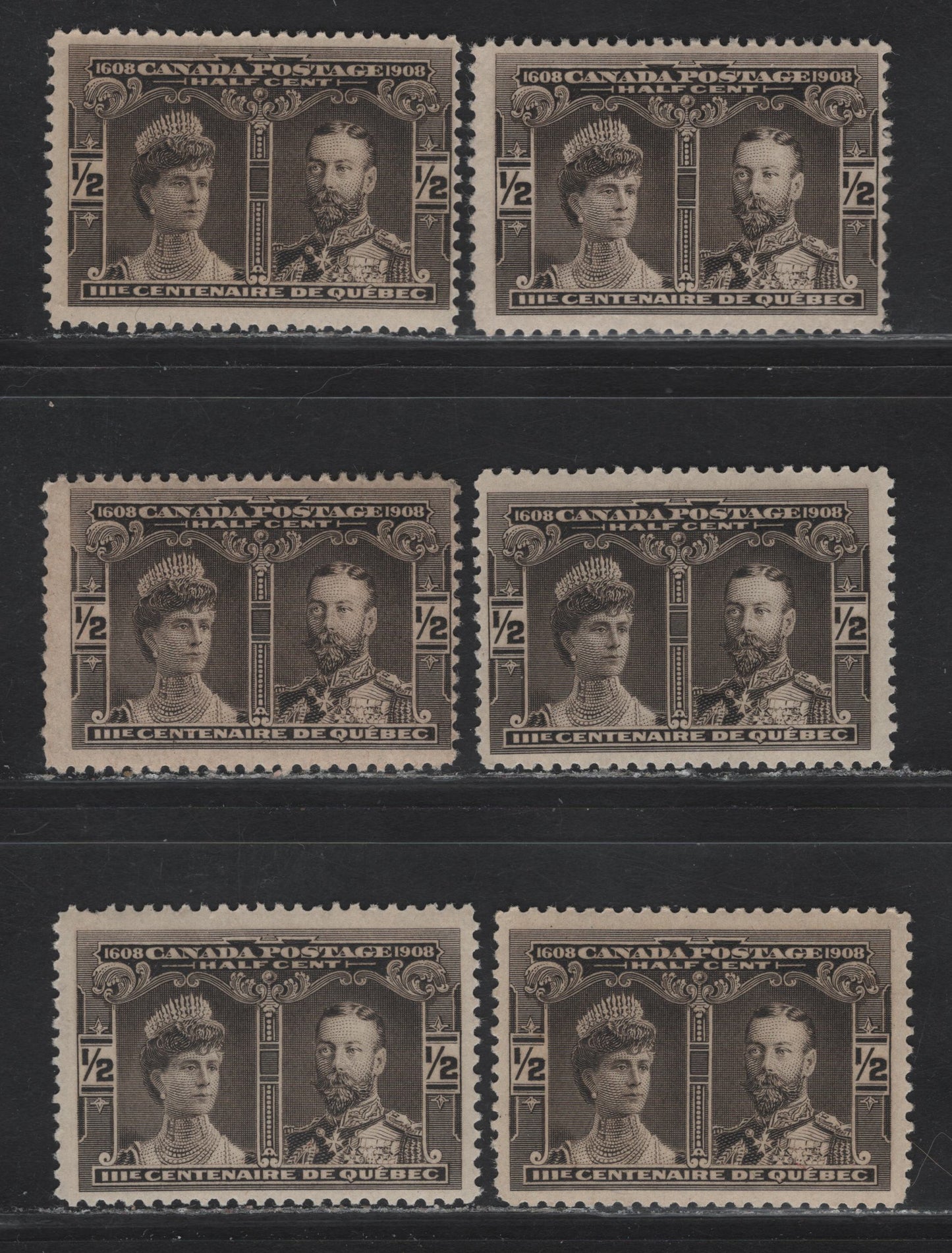 (C) Canada #96 1/2c Black Brown / Brown Black Prince & Princess of Wales, 1908 Quebec Tercentenary Issue, 6 FOG Singles, Unchecked As To Paper Type (ABN-A or ABN-B), Shade Or Exact Perf