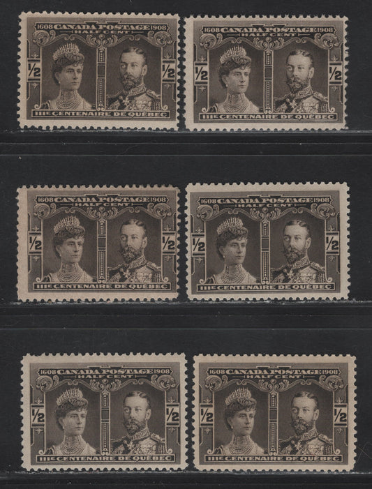 Lot 105 (C) Canada #96 1/2c Black Brown / Brown Black Prince & Princess of Wales, 1908 Quebec Tercentenary Issue, 6 FOG Singles, Unchecked As To Paper Type (ABN-A or ABN-B), Shade Or Exact Perf