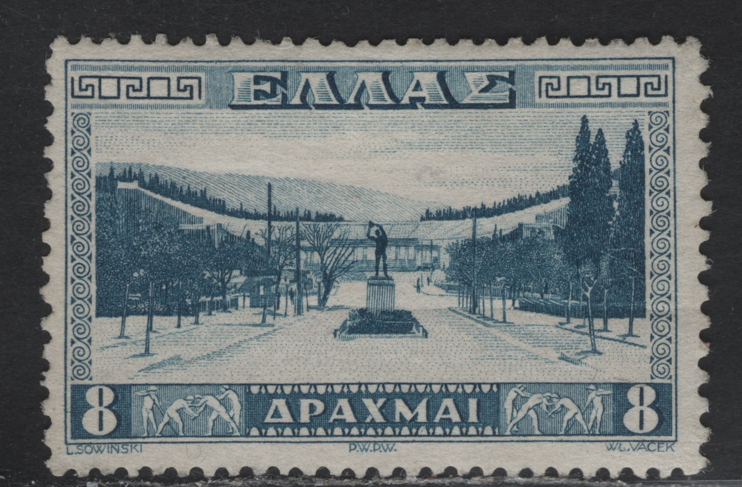 Lot 11 Greece SC#381 8d Blue Athens Stadium, 1934 Athens Stadium Issue, A FOG Single, Perf 13x11.5, Light Horizontal Gum Crease Not Visible On Front