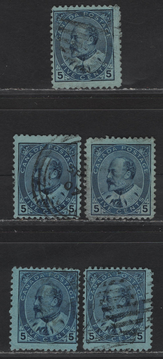 Lot 112 Canada #91 5c Deep Blue & Indigo King Edward VII, 1903-1908 King Edward VII Issue, 5 Fine Used Singles, Papers ABN-SS & ABN-CCC, Perfs 12x11/9, 12x11.75, 12, 11.8x12 & 11.8x11.9