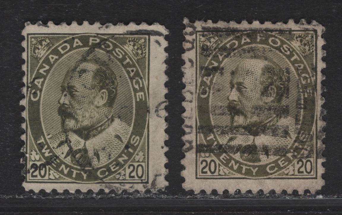 Lot 115 (C) Canada #94 20c Olive Green - Brownish Olive Green King Edward VII, 1903-1908 King Edward VII Issue, 2 Very Good/Fine Used Singles, Paper ABN-B, Perf 12